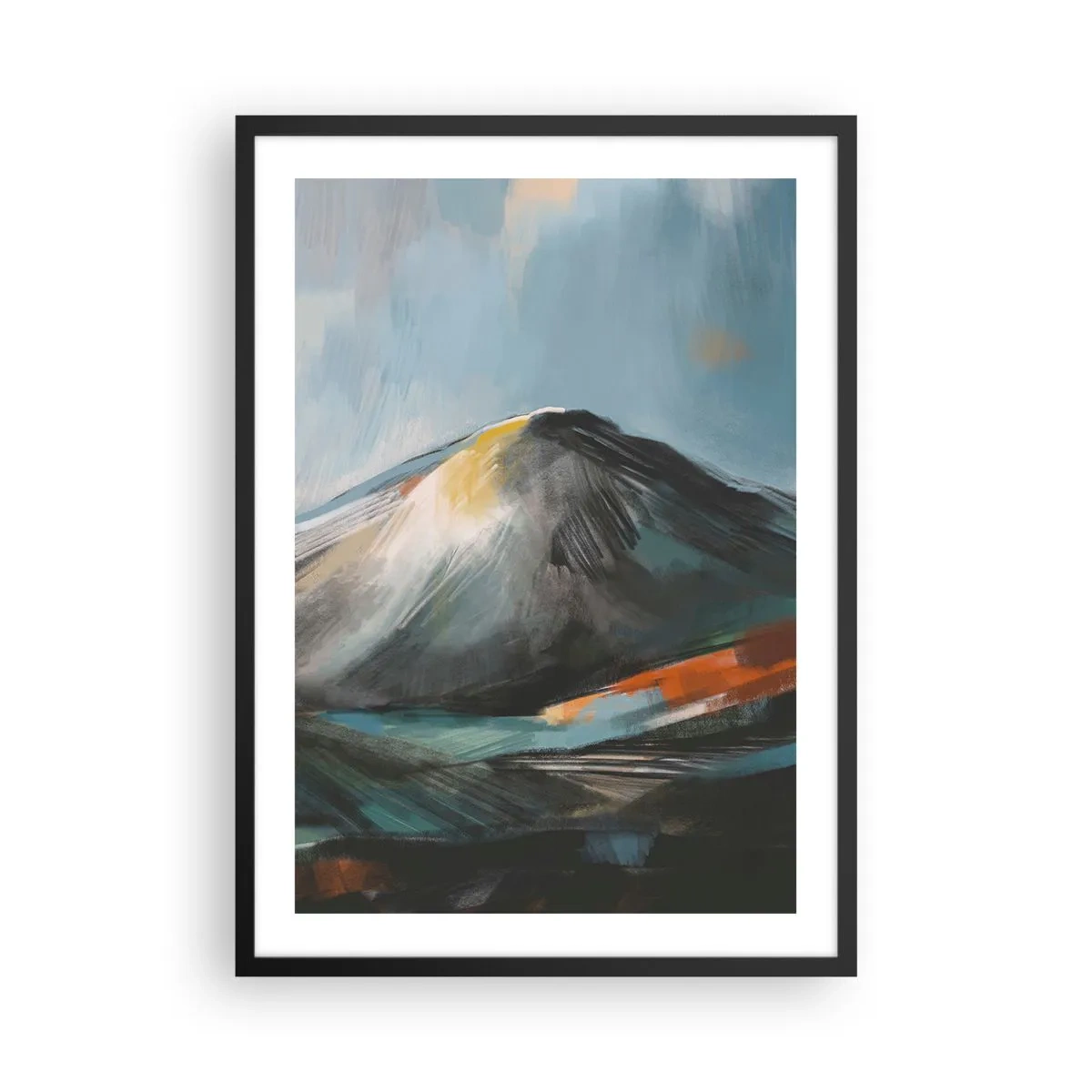 Pôster com moldura preta - Paisagem montanhosa abstrata em tons de azul marinho e laranja - 50x70cm - Cru e lindo - Decoração de parede moderna para a sala de estar e quarto ARTTOR