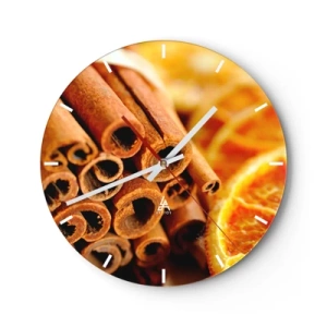 Relógio de parede - Relógio em vidro - Paus de canela e laranjas secas em tons quentes - 30x30cm - Sente o cheiro? - Decoração de parede moderna para a sala de estar, cozinha e quarto ARTTOR