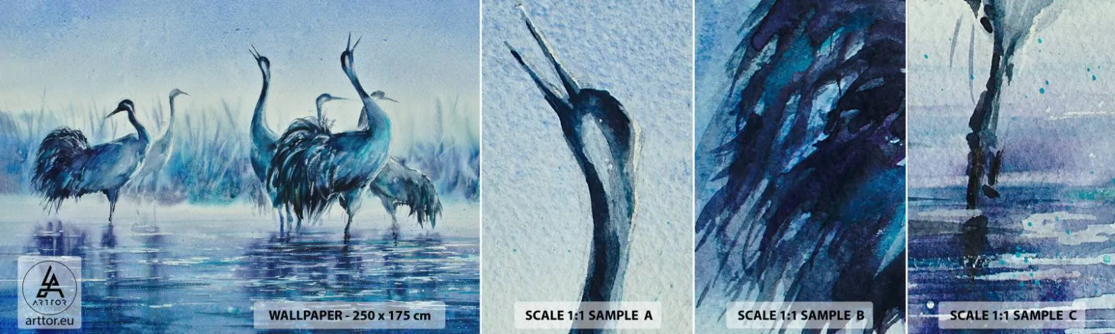 Amostra de Papel de Parede Standard Eco - Reunião matinal - Pássaros, Paisagem, Água - 100x30 cm