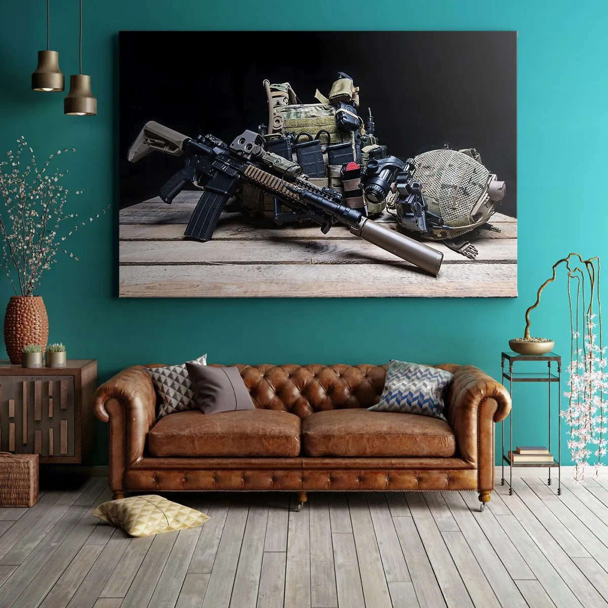 Quadro em tela - Equipamento tático com um rifle em uma mesa de madeira - 70x50cm - Descanse! - Decoração de parede moderna para a sala de estar e quarto ARTTOR