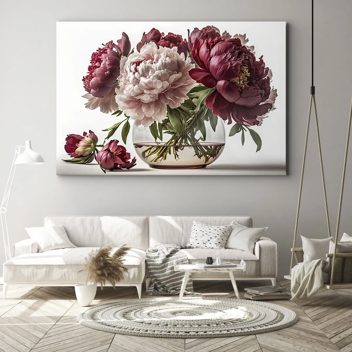 Quadro em tela - Um buquê de peônias em tons de rosa e vermelho - 70x50cm - Em plena floração de beleza - Decoração de parede moderna para a sala de estar e quarto ARTTOR