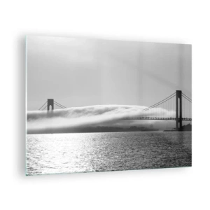 Quadro em vidro - Uma ponte em preto e branco com neblina sobre a água - 70x50cm - Navegando pelo Golden Gate - Decoração de parede moderna para a sala de estar e quarto ARTTOR