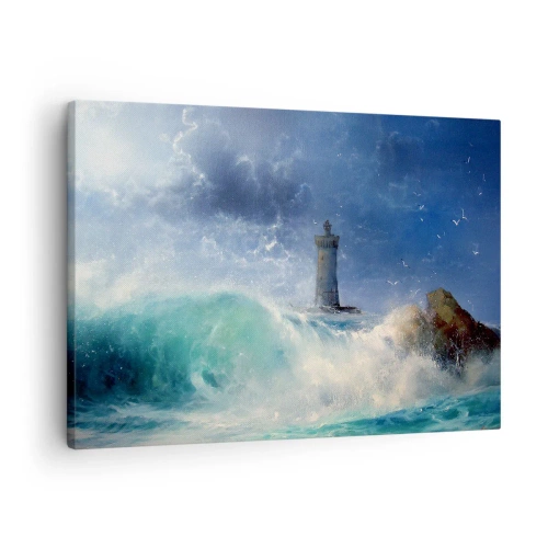 Quadro em tela - Um farol cercado por ondas fortes e nuvens - 70x50cm - Na guarda contra os elementos da natureza - Decoração de parede moderna para a sala de estar e quarto ARTTOR