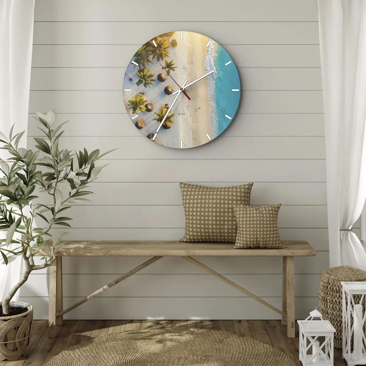 Relógio de parede - Relógio em vidro - Vista superior da praia com palmeiras e mar azul-turquesa - 30x30cm - Bem vindo ao Paraíso - Decoração de parede moderna para a sala de estar, cozinha e quarto ARTTOR