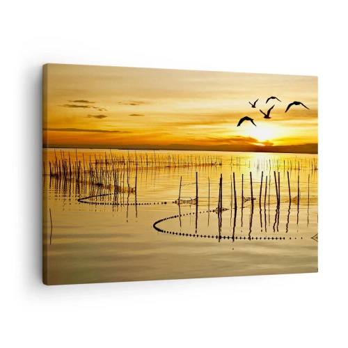 Quadro em tela - Pôr do sol sobre a água com pássaros voando - 70x50cm - Na pescaria - Decoração de parede moderna para a sala de estar e quarto ARTTOR