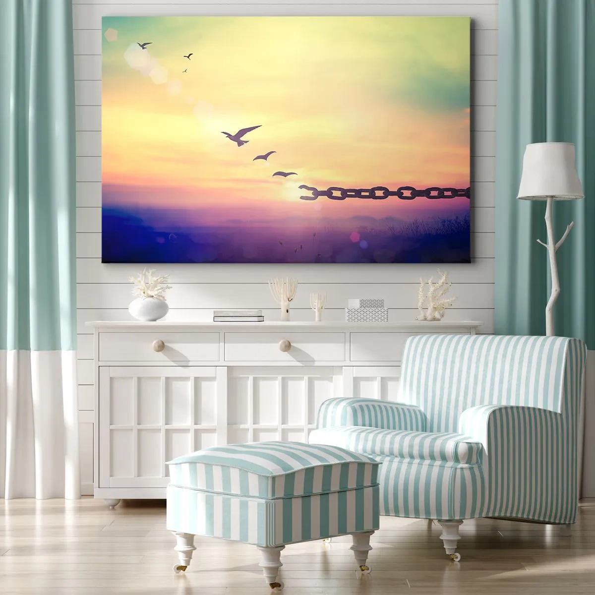 Quadro em tela - Símbolo de liberdade com pássaros e uma corrente quebrada - 70x50cm - A vitória da liberdade - Decoração de parede moderna para a sala de estar e quarto ARTTOR