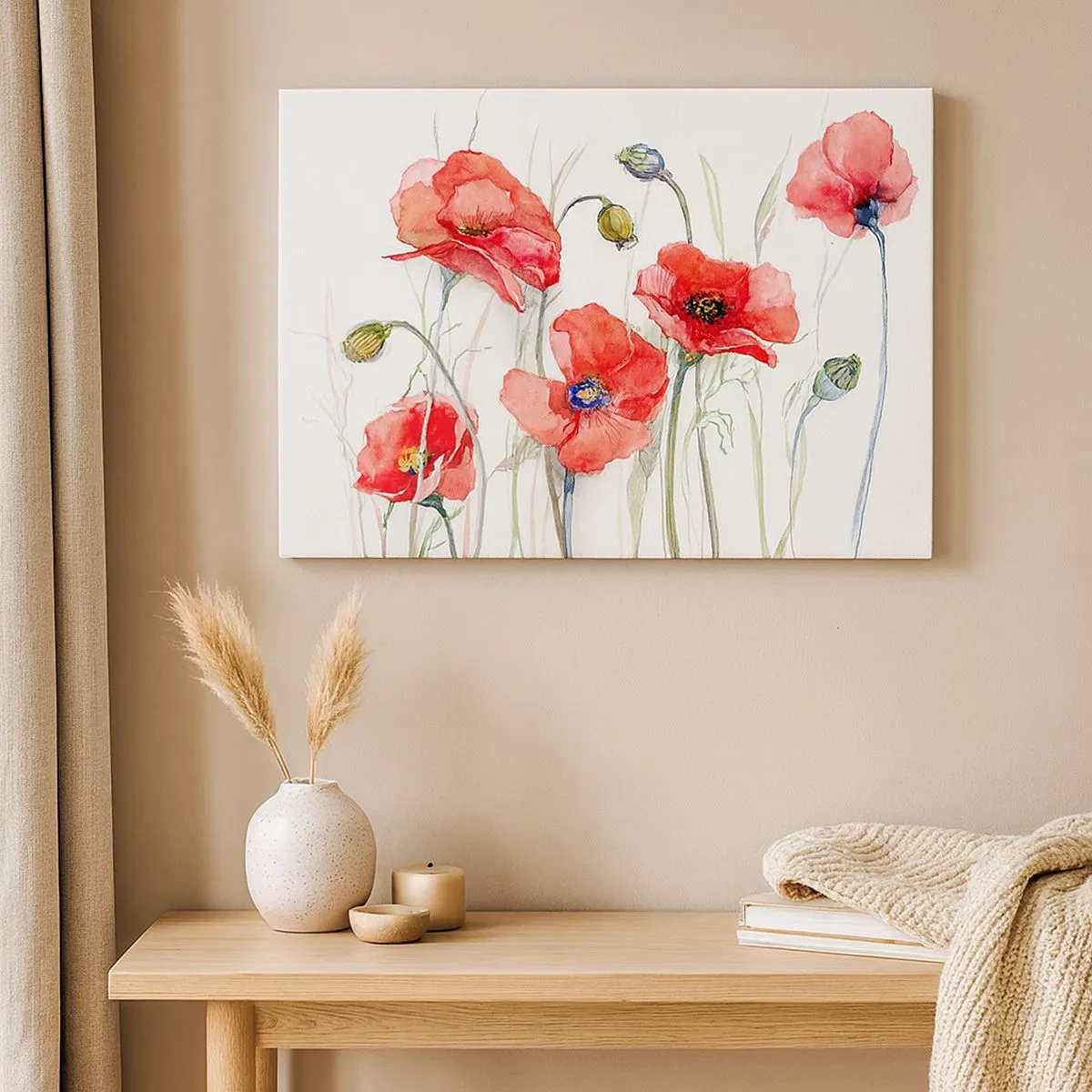Quadro em tela - Papoulas em aquarela sobre um fundo delicado - 70x50cm - Flores polacas - Decoração de parede moderna para a sala de estar e quarto ARTTOR
