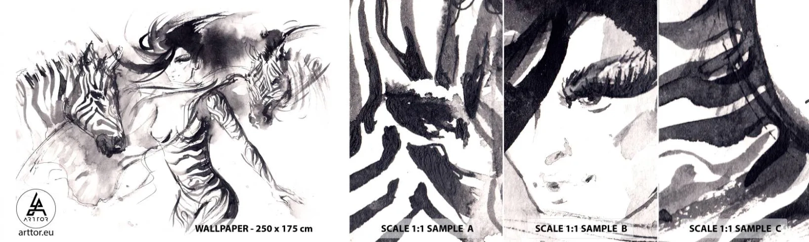 Amostra de papel de parede autocolante Deluxe Sticker - Dançando com as zebras - Abstração, Mulher, Costelas - 100x30 cm