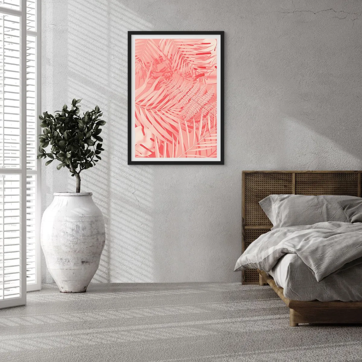 Pôster com moldura preta - Samambaia rosa e folhas de palmeira em um fundo pastel - 50x70cm - Conceito cor-de-rosa - Decoração de parede moderna para a sala de estar e quarto ARTTOR