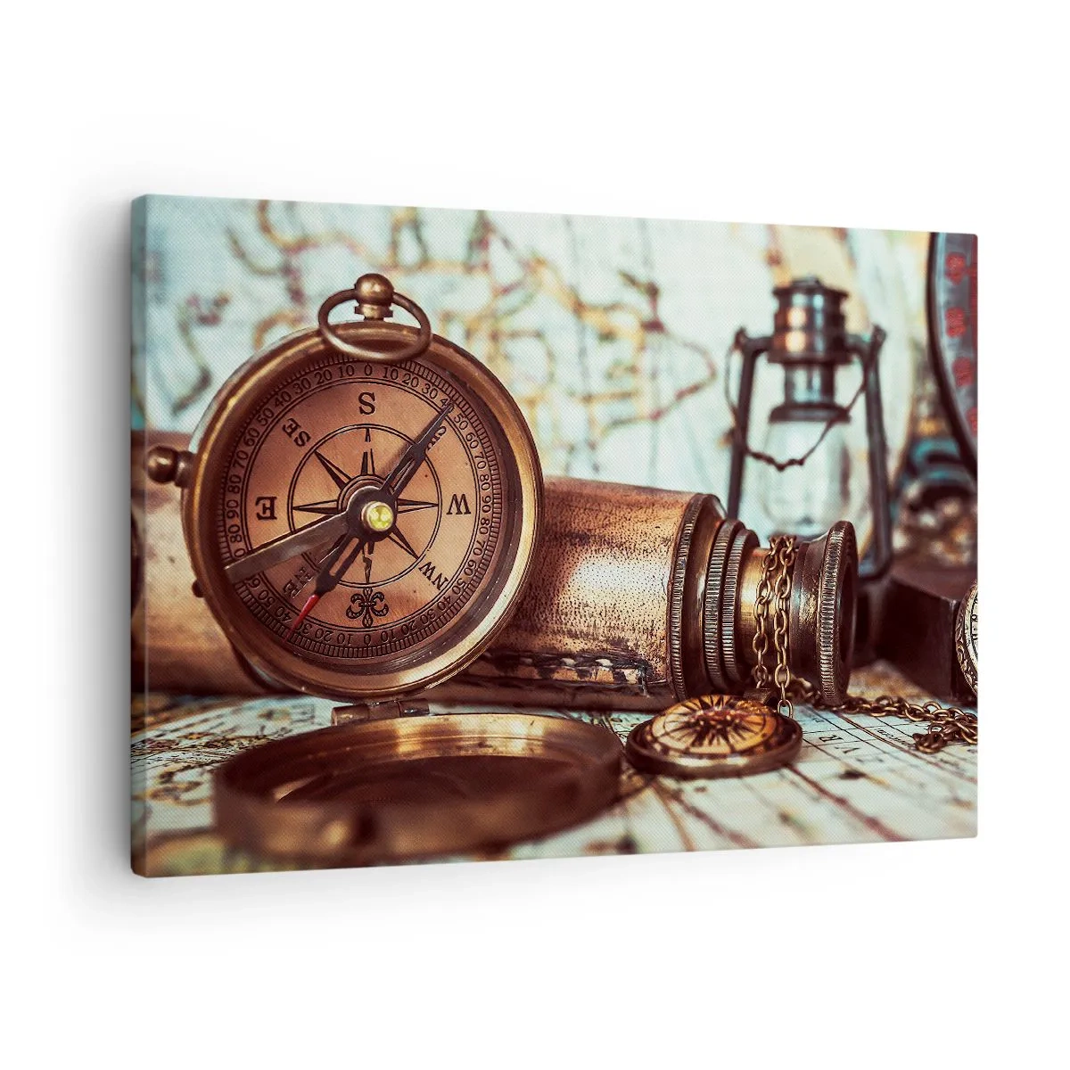 Quadro em tela - Um conjunto retrô com bússola, telescópio e mapa com tema de viagem - 70x50cm - Uma aventura pirata no Caribe - Decoração de parede moderna para a sala de estar e quarto ARTTOR
