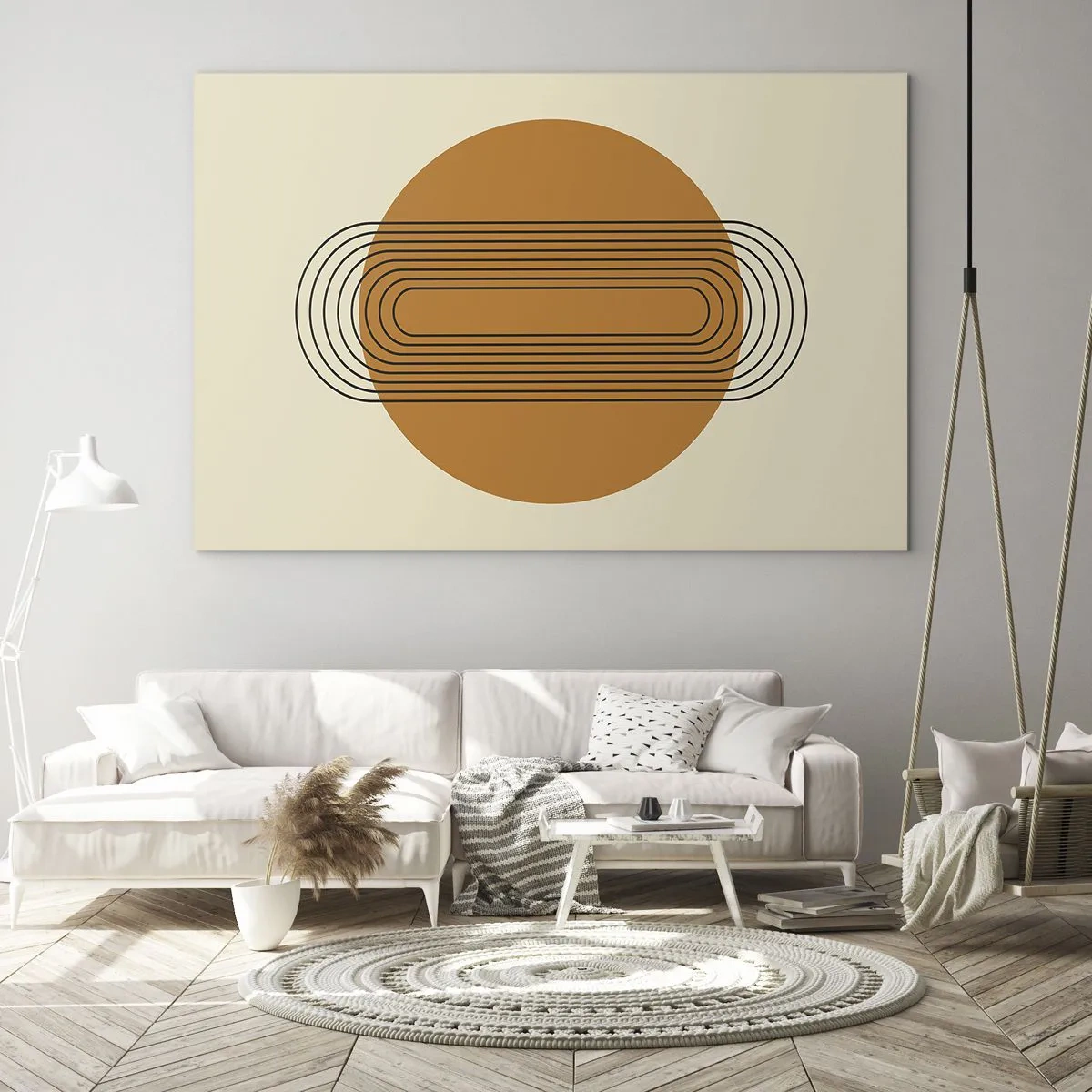 Quadro em vidro - Abstração geométrica com círculos e linhas - 70x50cm - O plano perfeito - Decoração de parede moderna para a sala de estar e quarto ARTTOR