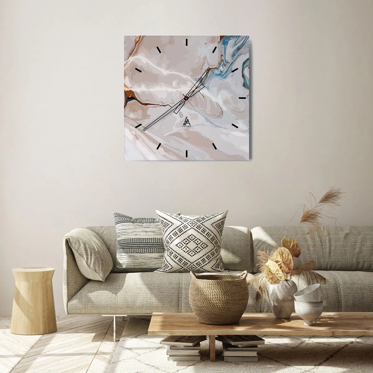 Relógio de parede - Relógio em vidro - Meandros azuis sob branco - 30x30 cm