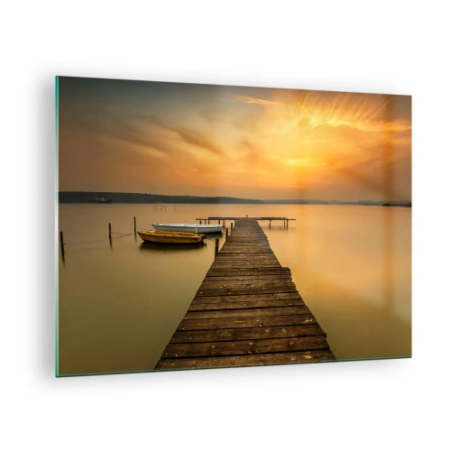 Quadro em vidro - Píer no lago ao pôr do sol com um barco - 70x50cm - Abrirei o céu dourado para vós - Decoração de parede moderna para a sala de estar e quarto ARTTOR