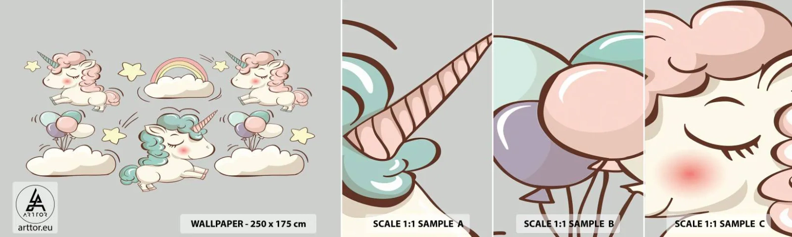 Amostra de papel de parede autocolante Deluxe Sticker - Certamente existem... - Para crianças, Unicórnio, Conto de fadas - 100x30 cm