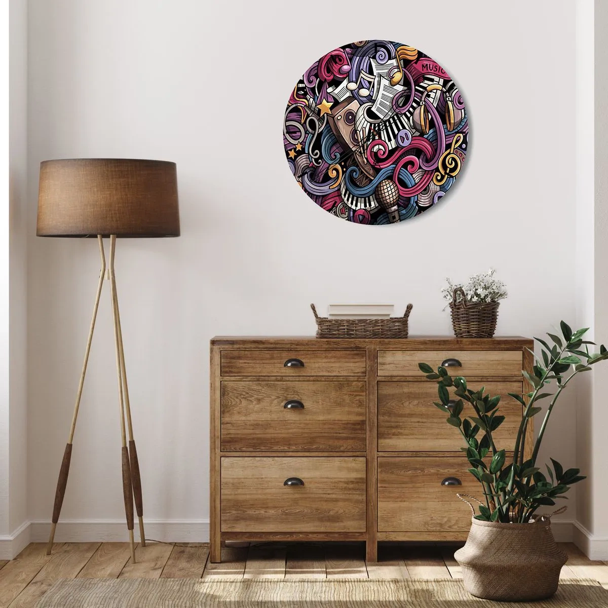 Relógio de parede - Relógio em vidro - Composição abstrata de motivos musicais e instrumentos - 30x30cm - Melodia complicada - Decoração de parede moderna para a sala de estar, cozinha e quarto ARTTOR