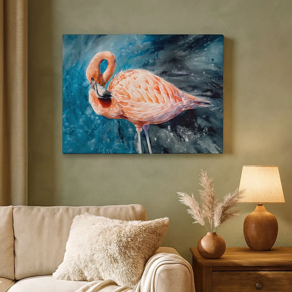 Quadro em tela - Um flamingo rosa em um fundo azul aquarela - 70x50cm - Decorativo por natureza - Decoração de parede moderna para a sala de estar e quarto ARTTOR