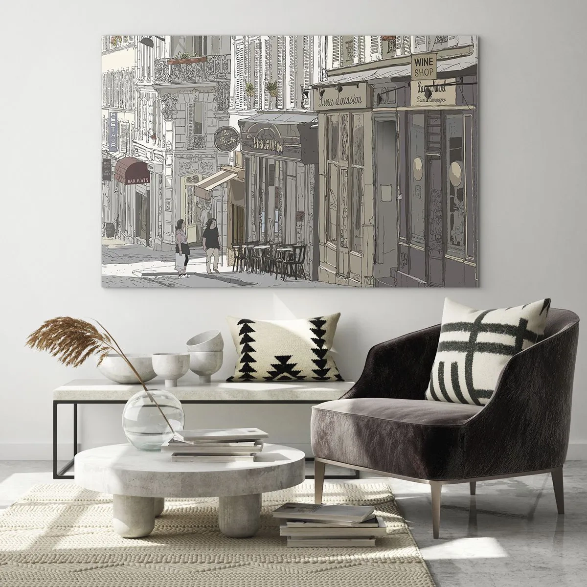 Quadro em vidro - Uma rua com cafés em estilo urbano artístico - 70x50cm - Alegrias urbanas - Decoração de parede moderna para a sala de estar e quarto ARTTOR