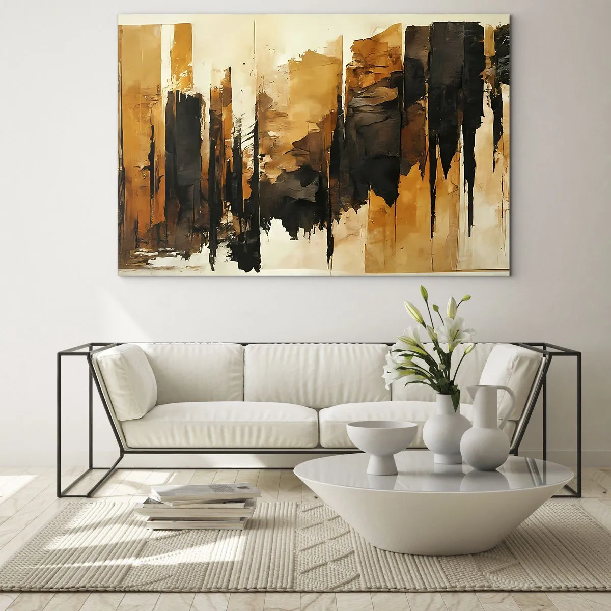 Quadro em vidro - Abstração marrom-dourada com estruturas verticais - 70x50cm - Harmonia de preto e dourado - Decoração de parede moderna para a sala de estar e quarto ARTTOR