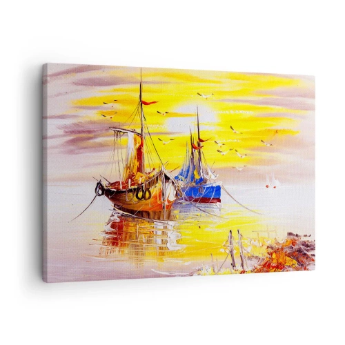 Quadro em tela - Uma cena pictórica de barcos em um mar calmo - 70x50cm - Um merecido descanso no porto - Decoração de parede moderna para a sala de estar e quarto ARTTOR
