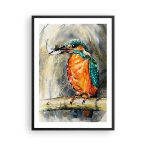 Pôster com moldura preta - Um leão d'água segurando um peixe em uma paisagem natural em estilo aquarela. - 50x70cm - Lei da natureza - Decoração de parede moderna para a sala de estar e quarto ARTTOR