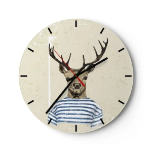 Relógio de parede - Relógio em vidro - Um veado de desenho animado em roupas listradas sobre um fundo bege - 30x30cm - Porque eu gosto de camisas listradas! - Decoração de parede moderna para a sala de estar, cozinha e quarto ARTTOR