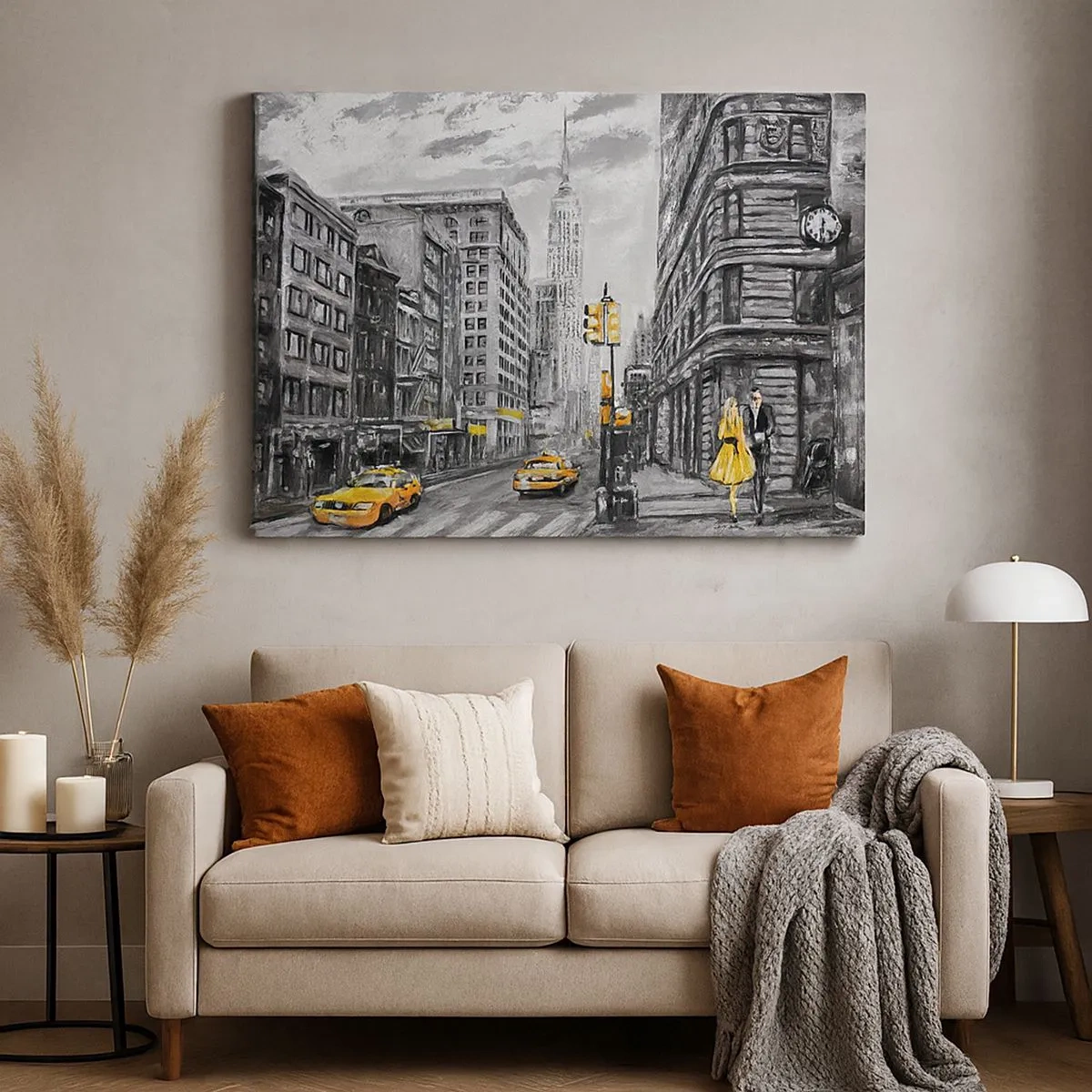 Quadro em tela - Rua de Nova York com detalhes em amarelo - 70x50cm - Um conto de Nova Iorque - Decoração de parede moderna para a sala de estar e quarto ARTTOR