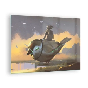 Quadro em vidro - Uma figura de um pássaro gigante à luz do pôr do sol - 70x50cm - Uma parada numa viagem fantástica - Decoração de parede moderna para a sala de estar e quarto ARTTOR