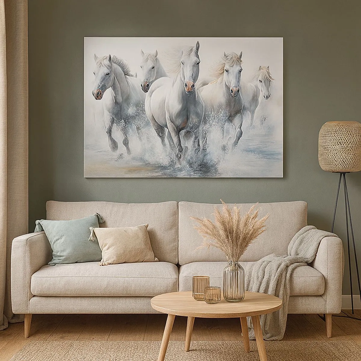 Quadro em tela - Cavalos brancos galopando pela água - 70x50cm - Magia branca - Decoração de parede moderna para a sala de estar e quarto ARTTOR