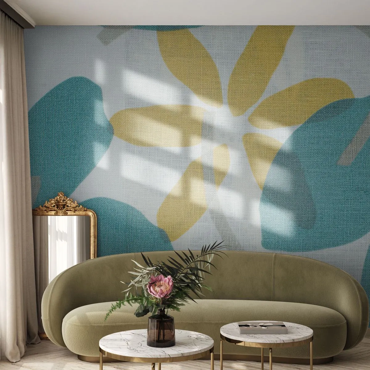 Papel de Parede Premium Sand - Entre as folhas azuis - Boho, Flores, Minimalismo - 500x350 cm