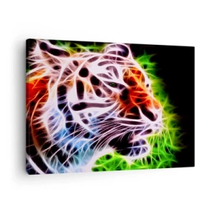 Quadro em tela - Retrato artístico colorido de um tigre em estilo neon sobre fundo preto. - 70x50cm - Aura perigosa - Decoração de parede moderna para a sala de estar e quarto ARTTOR