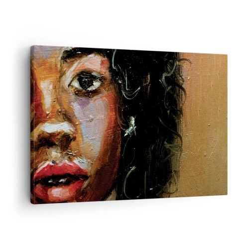 Quadro em tela - Um retrato expressivo de uma mulher em cores intensas. - 70x50cm - Preto e brilho - Decoração de parede moderna para a sala de estar e quarto ARTTOR