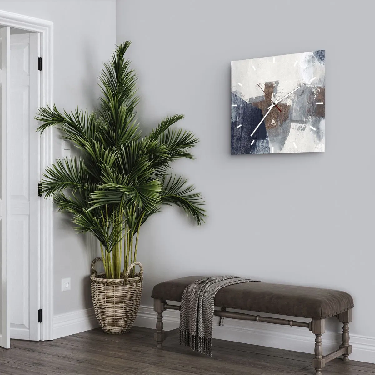 Relógio de parede - Relógio em vidro - Formas azuis e marrons - 40x40 cm