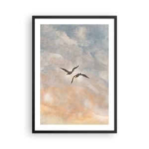 Pôster com moldura preta - Dois pássaros voando contra o céu, em delicados tons de azul e laranja. - 50x70cm - Dança do céu - Decoração de parede moderna para a sala de estar e quarto ARTTOR