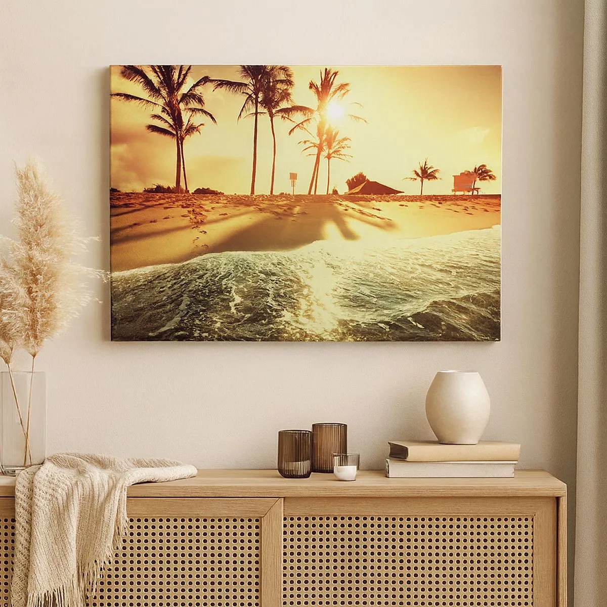 Quadro em tela - Uma praia com palmeiras iluminadas por um pôr do sol quente - 70x50cm - Califórnia à tarde - Decoração de parede moderna para a sala de estar e quarto ARTTOR