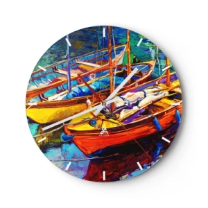 Relógio de parede - Relógio em vidro - Barcos coloridos no porto - 30x30cm - Em águas espessas pelas cores - Decoração de parede moderna para a sala de estar, cozinha e quarto ARTTOR