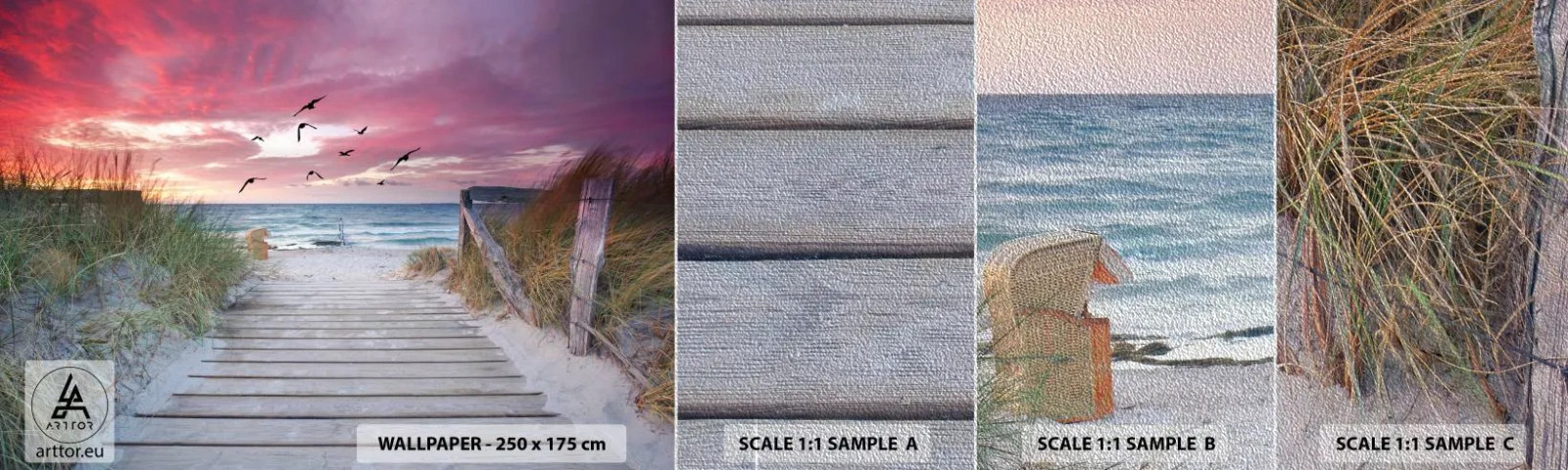 Amostra de papel de parede Premium Sand - Impressão do Báltico - Paisagem Marítima, Praia, Pássaros - 100x30 cm