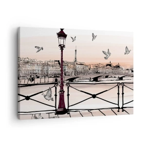 Quadro em tela - Vista parisiense com uma lanterna e uma ponte - 70x50cm - Sobre os telhados de Paris - Decoração de parede moderna para a sala de estar e quarto ARTTOR