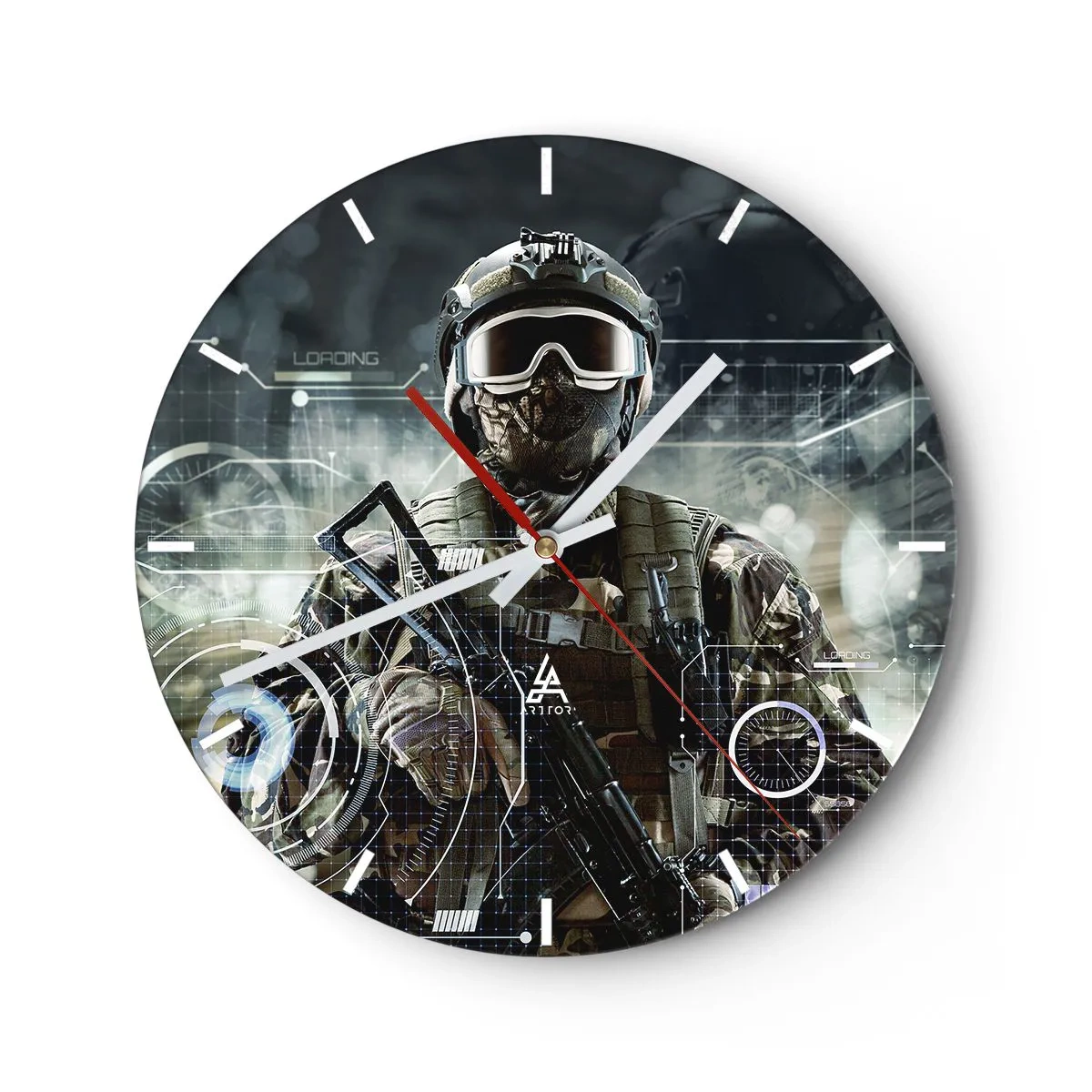 Relógio de parede - Relógio em vidro - A figura de um soldado em equipamento moderno no contexto de gráficos tecnológicos - 30x30cm - Poder para poder - Decoração de parede moderna para a sala de estar, cozinha e quarto ARTTOR