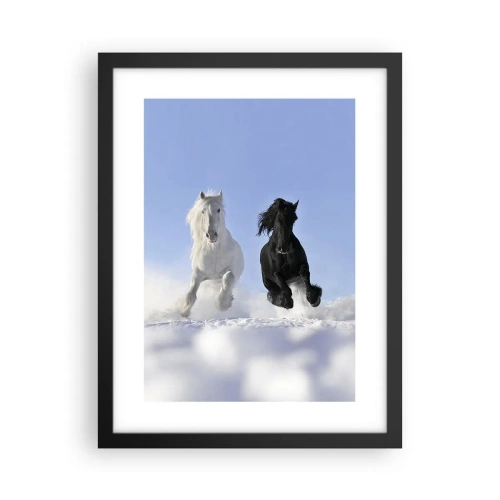 Pôster com moldura preta - Galope preto e branco - 30x40 cm
