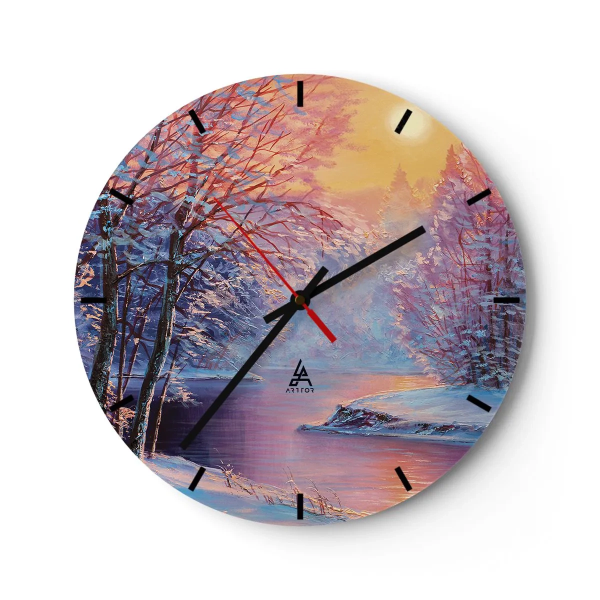Relógio de parede - Relógio em vidro - Paisagem de inverno com um rio ao pôr do sol - 30x30cm - Cores do inverno - Decoração de parede moderna para a sala de estar, cozinha e quarto ARTTOR
