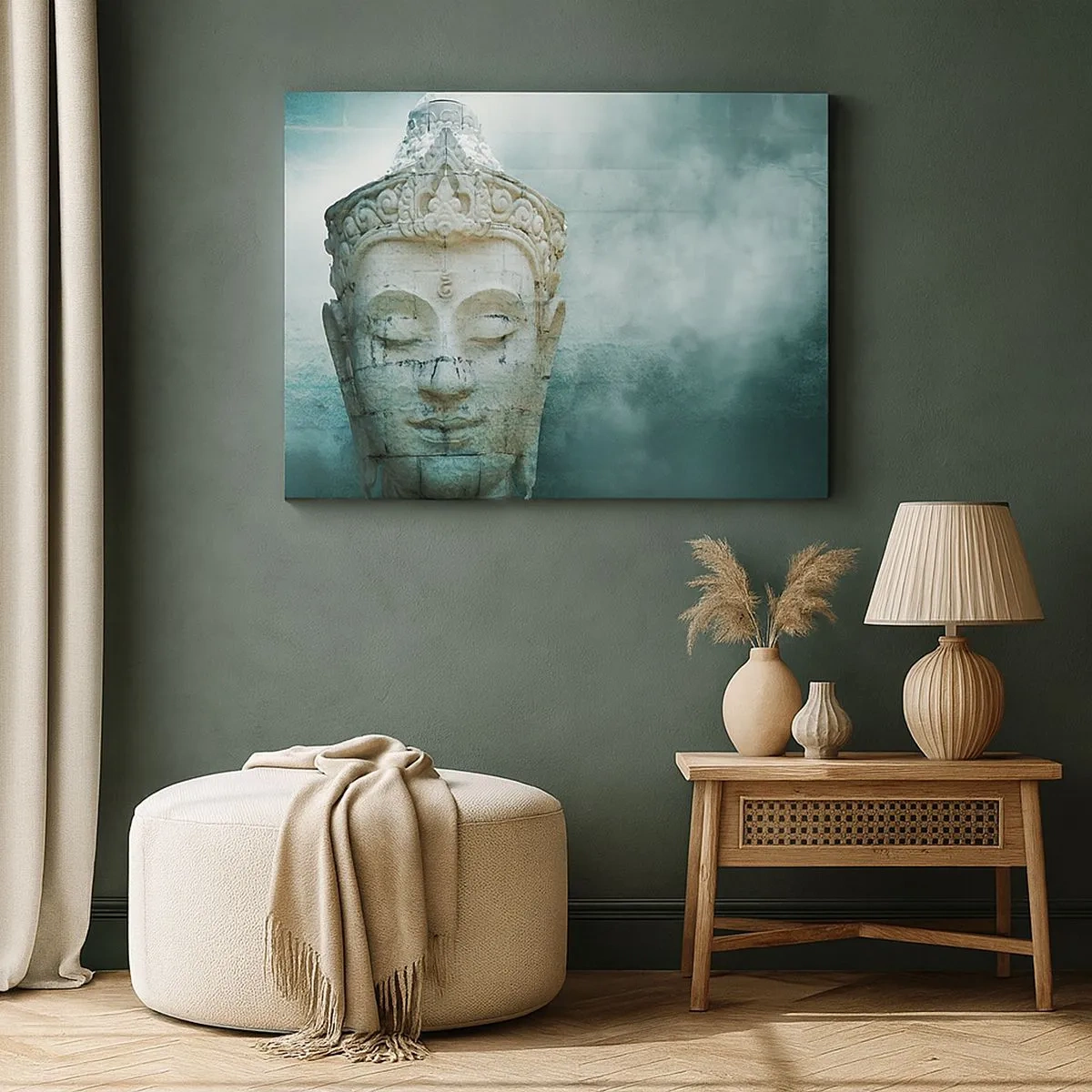 Quadro em tela - Estátua de Buda com uma névoa suave sobre um fundo verde - 70x50cm - Em busca da luz - Decoração de parede moderna para a sala de estar e quarto ARTTOR