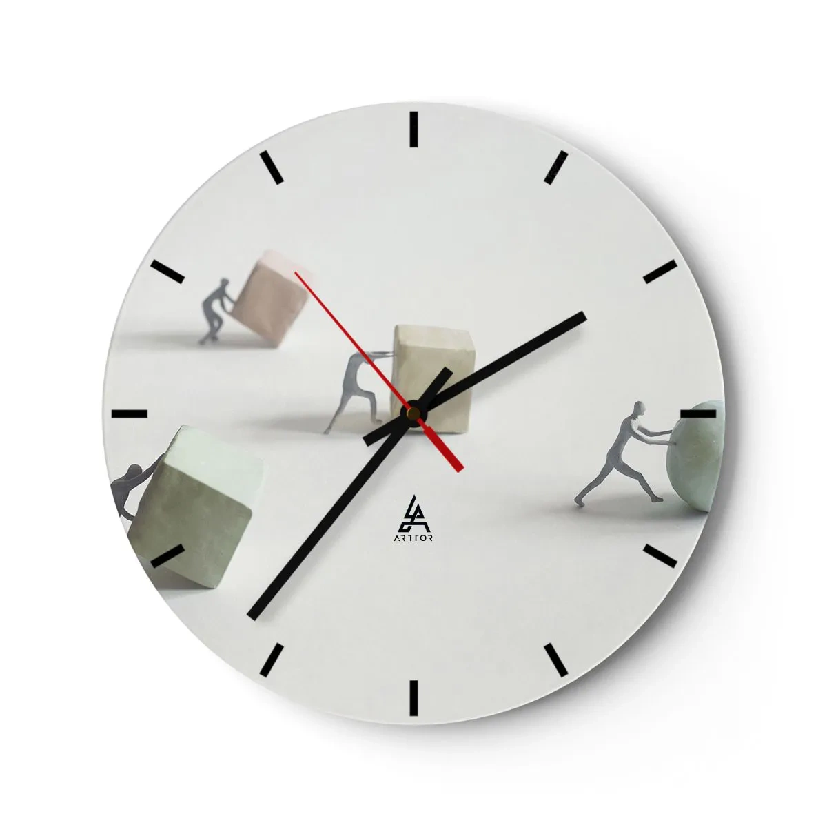 Relógio de parede - Relógio em vidro - Figuras empurrando cubos e uma bola simbolizando esforço - 30x30cm - É a vida - Decoração de parede moderna para a sala de estar, cozinha e quarto ARTTOR