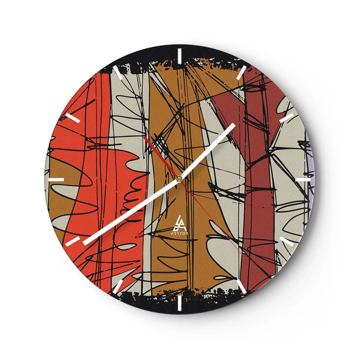 Relógio de parede - Relógio em vidro - Linhas e manchas abstratas em uma paleta de cores quentes - 30x30cm - Composição espontânea - Decoração de parede moderna para a sala de estar, cozinha e quarto ARTTOR