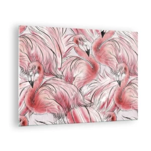 Quadro em vidro - Flamingos cor de rosa em estilo de desenho animado decorativo - 70x50cm - Bird corps de ballet - Decoração de parede moderna para a sala de estar e quarto ARTTOR