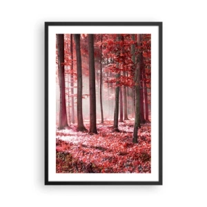 Pôster com moldura preta - Uma floresta com folhas vermelhas e neblina pela manhã - 50x70cm - O vermelho também é belo - Decoração de parede moderna para a sala de estar e quarto ARTTOR
