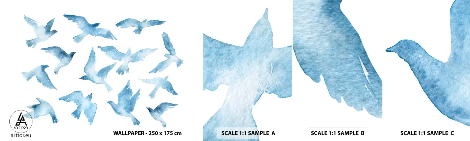 Amostra de papel de parede autocolante Deluxe Sticker - Pássaros azuis - Abstração, Pássaro, Gráficos - 100x30 cm
