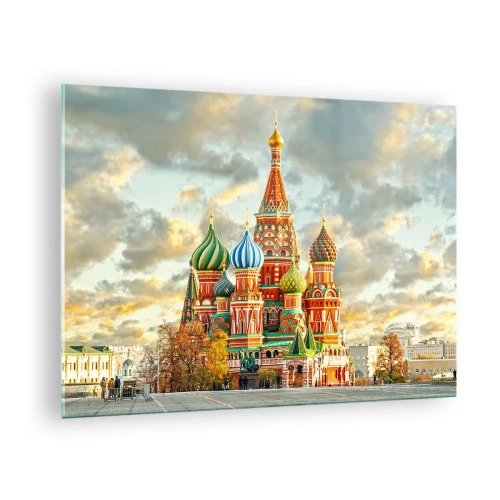Quadro em vidro - Catedral de São Basílio em Moscou contra um céu nublado - 70x50cm - Nem mesmo a Disney teria inventado - Decoração de parede moderna para a sala de estar e quarto ARTTOR