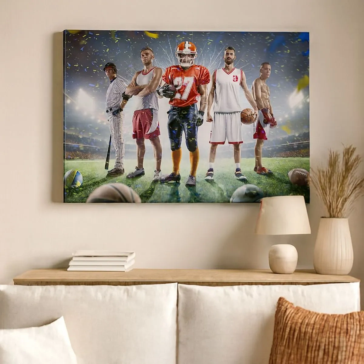 Quadro em tela - Uma cena dinâmica de atletas de várias disciplinas no estádio sob os holofotes - 70x50cm - Gladiadores dos campos - Decoração de parede moderna para a sala de estar e quarto ARTTOR