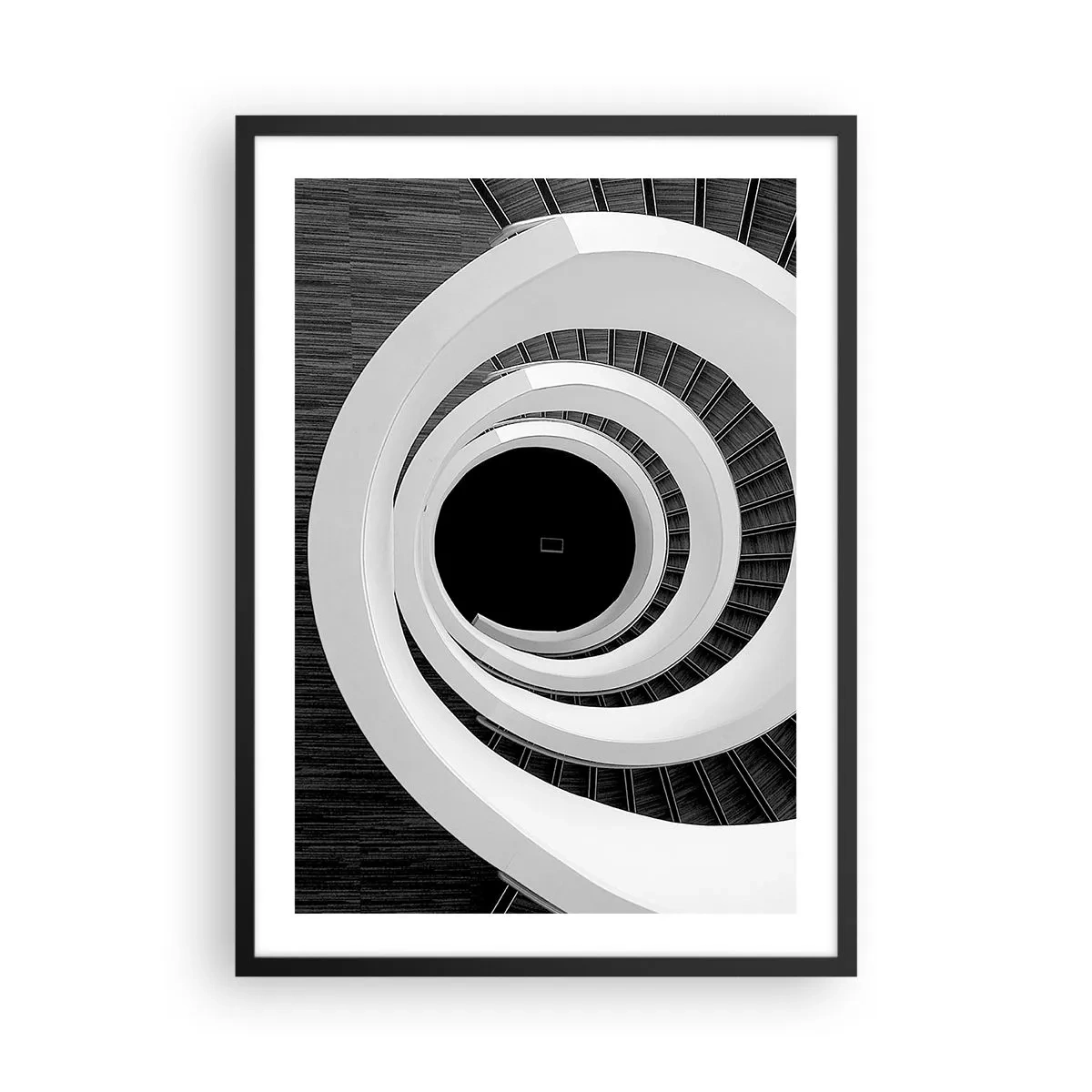 Pôster com moldura preta - Uma escada em espiral em preto e branco com um design abstrato - 50x70cm - Ao âmago - Decoração de parede moderna para a sala de estar e quarto ARTTOR