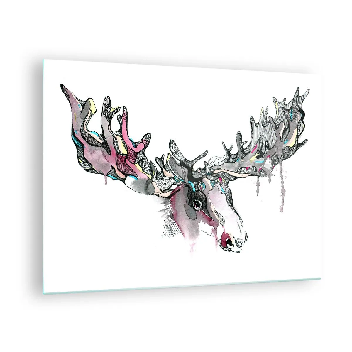 Quadro em vidro - Aquarela colorida de um alce com chifres extensos - 70x50cm - A coroa do Rei da Floresta - Decoração de parede moderna para a sala de estar e quarto ARTTOR